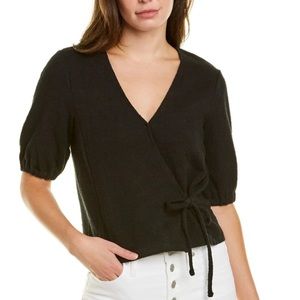 NWT MADEWELL Texture & Thread Puff-Sleeve Wrap Front Top Black Tie Waist